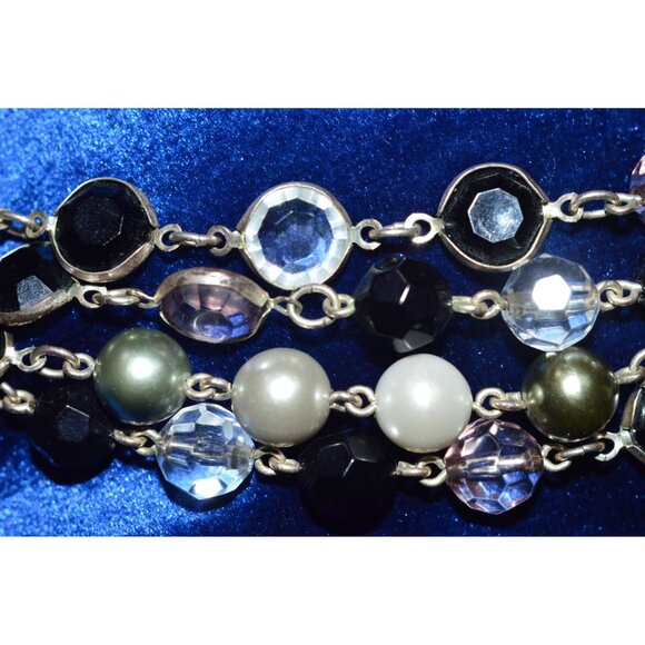 Premier Designs Multi Strand Necklace Black Clear Gemstones Chain Faux Pearls - Picture 3 of 6